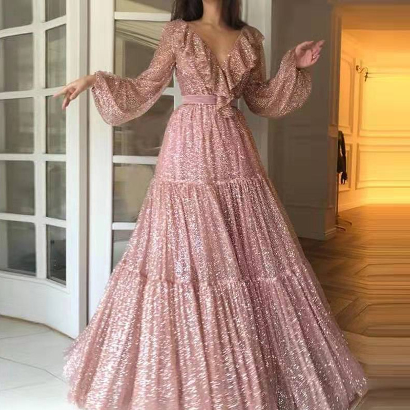 Women'S Fashion Gilded Age - Robe de soirée en maille dorée