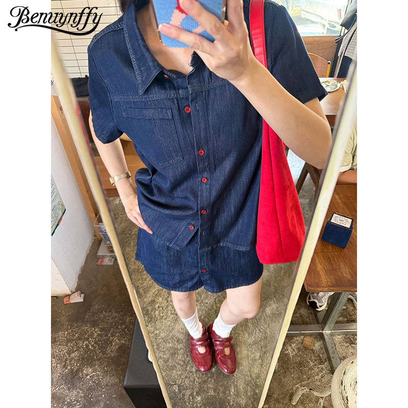 Women Fashion Jeans - Chemise en jean rétro à manches