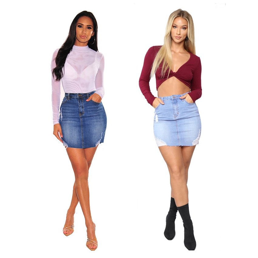 Women Fashion Jeans - Mini-jupes en jean déchiré pour femmes,