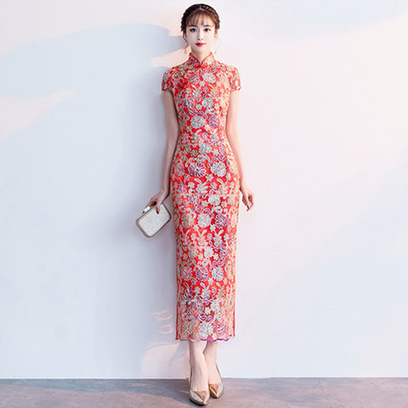 Xxl Women Fashion - Robe longue Qipao en dentelle rouge