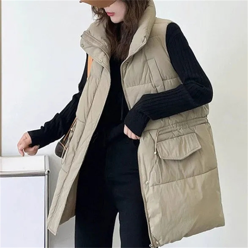 Puffer Vest Fashion Women - Doudoune mi-longue pour femme, grande poche,