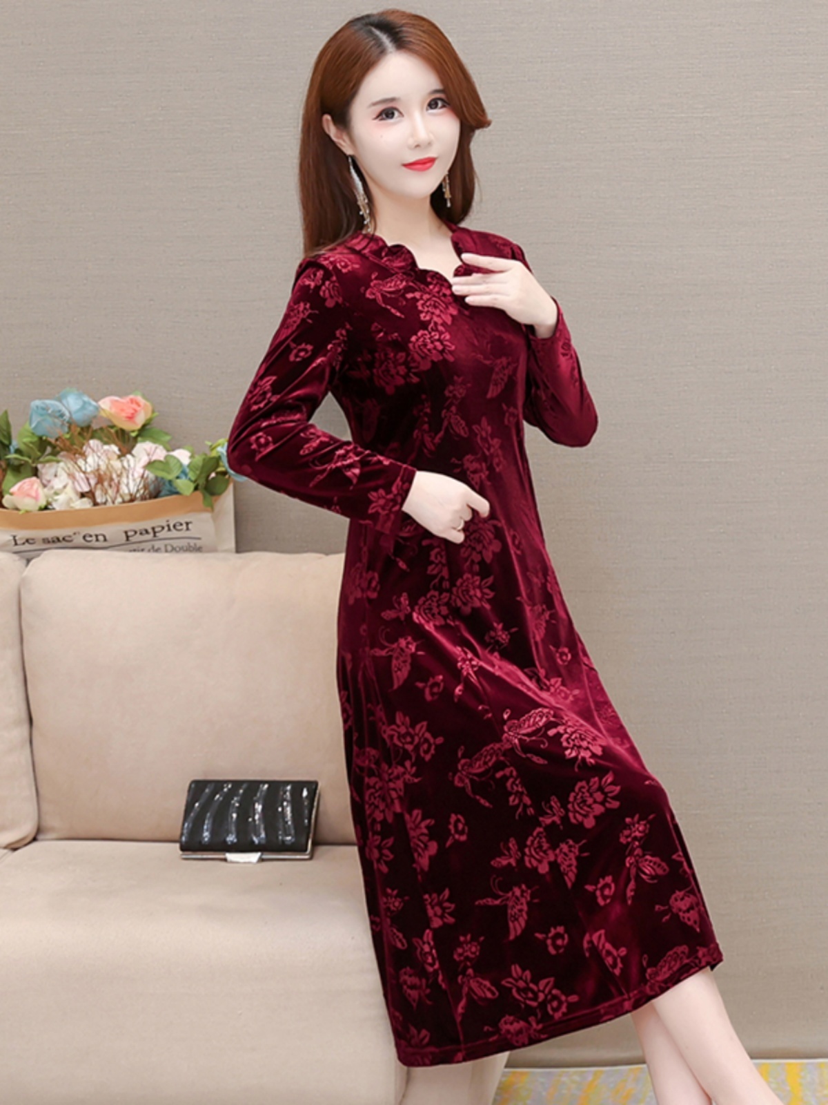 Robe élégante en velours, col  - Women Fashion Over 60 avis et prix